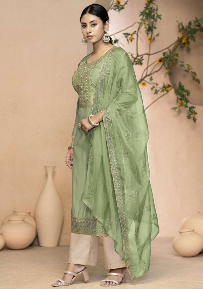Light Green Embroidered Silk Blend Straight Kurta Set - Indya