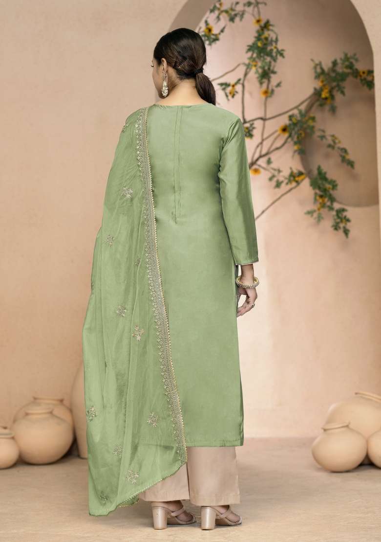 Light Green Embroidered Silk Blend Straight Kurta Set - Indya