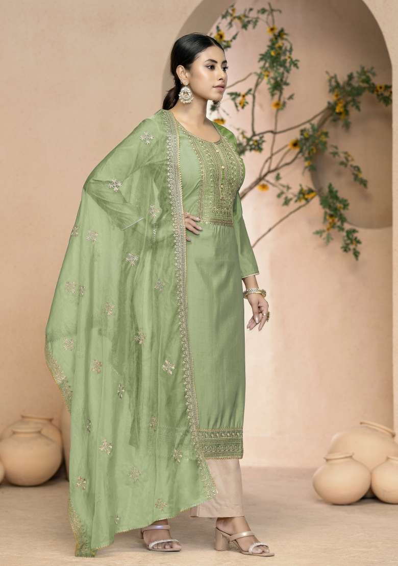 Light Green Embroidered Silk Blend Straight Kurta Set - Indya