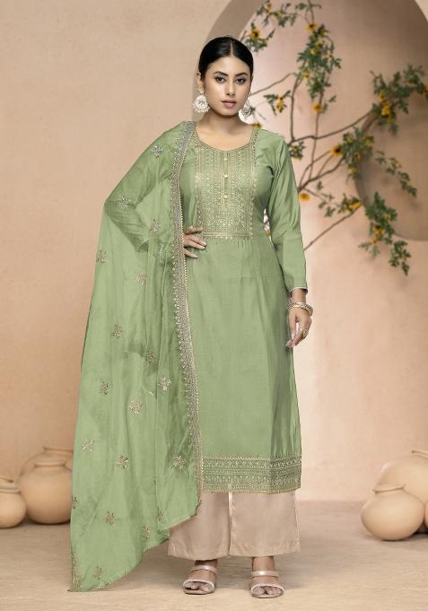 Light Green Embroidered Silk Straight Kurta Set