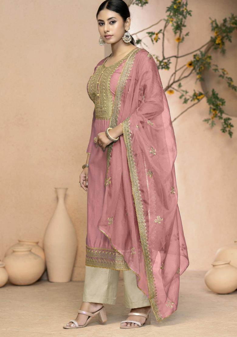 Peach Embroidered Silk Dress Material