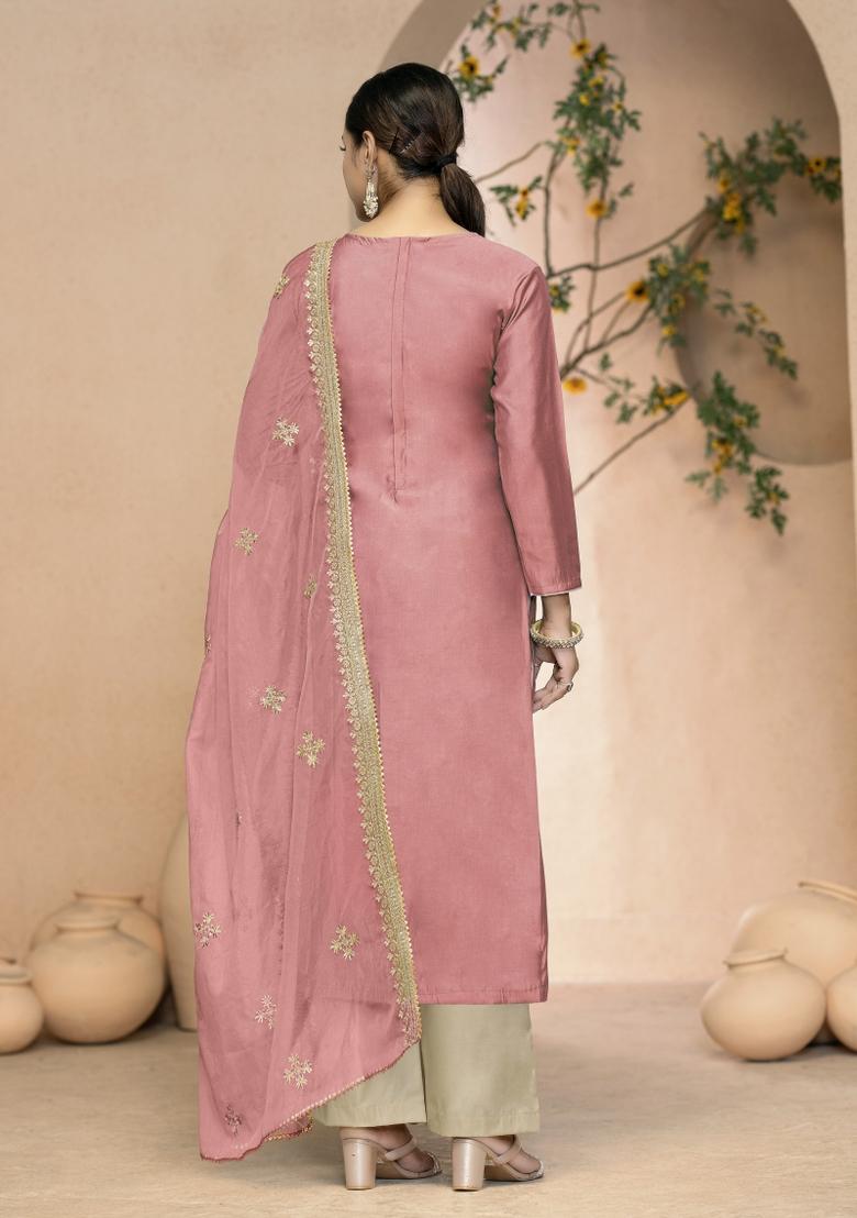 Peach Embroidered Silk Dress Material