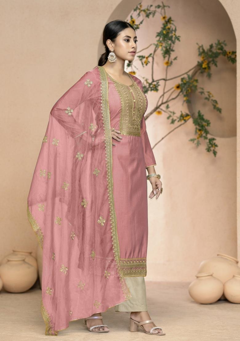 Peach Embroidered Silk Dress Material