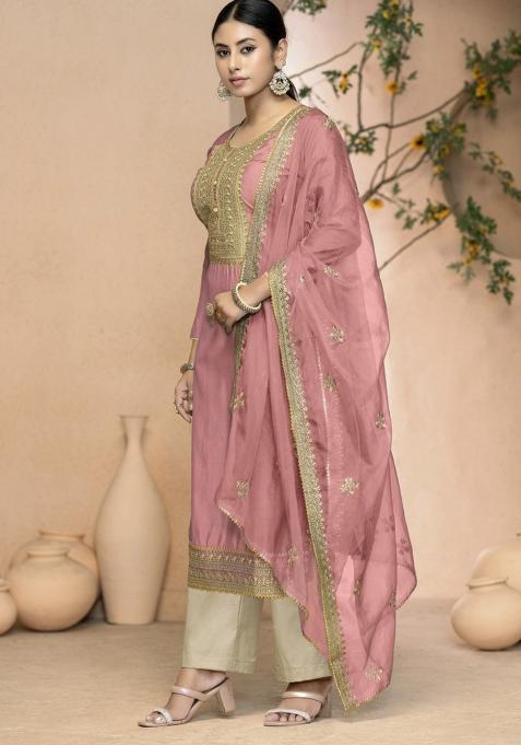 Peach Embroidered Silk Dress Material