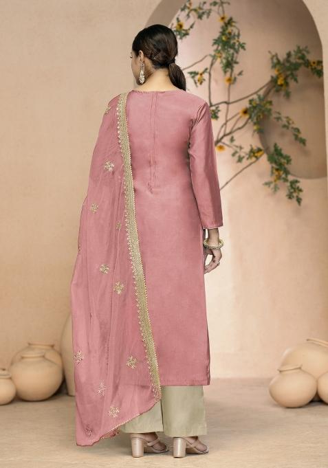 Peach Embroidered Silk Dress Material