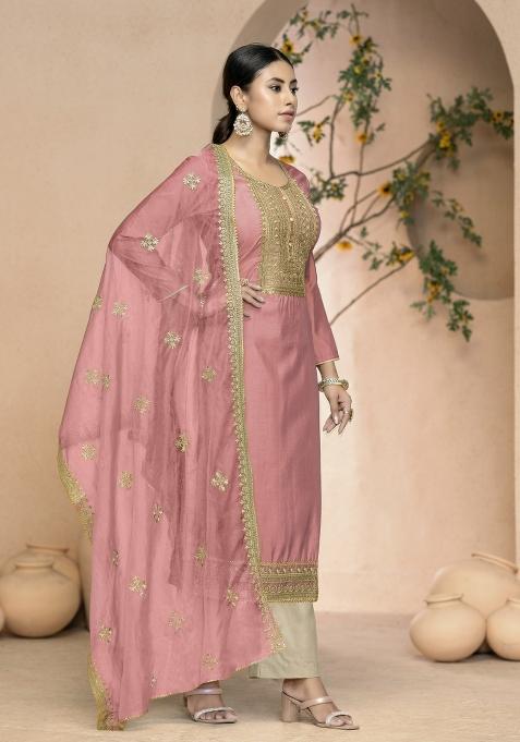 Peach Embroidered Silk Dress Material