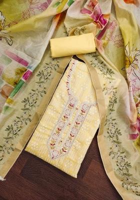 Yellow Embroidered Cotton Blend Dress Material
