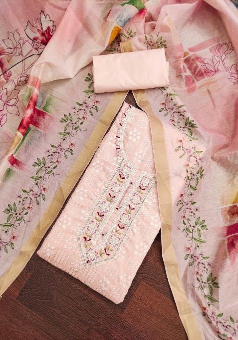 Peach Embroidered Cotton Blend Dress Material