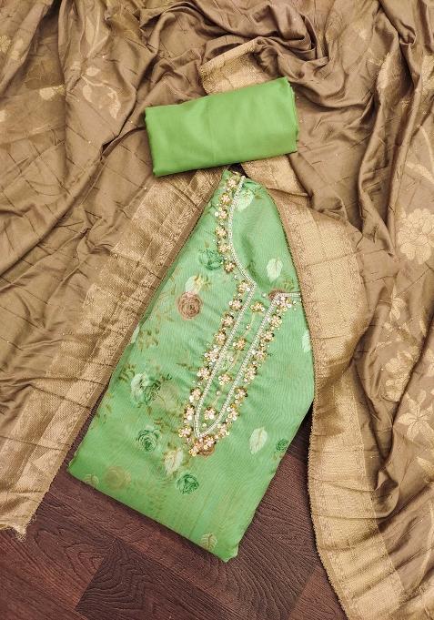 Green Embroidered Oragnza Dress Material