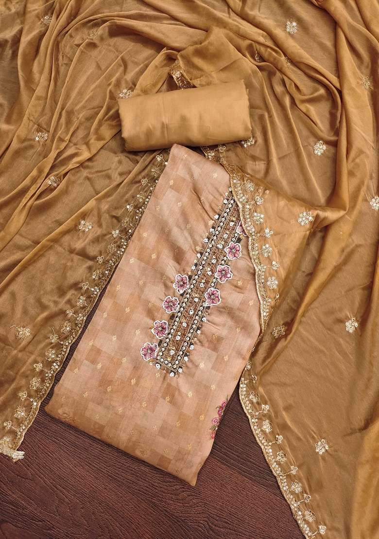 Beige Embroidered Blended Straight Kurta Set - Indya