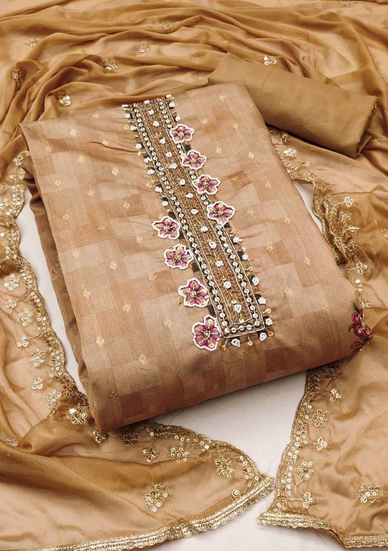 Beige Embroidered Blended Straight Kurta Set - Indya