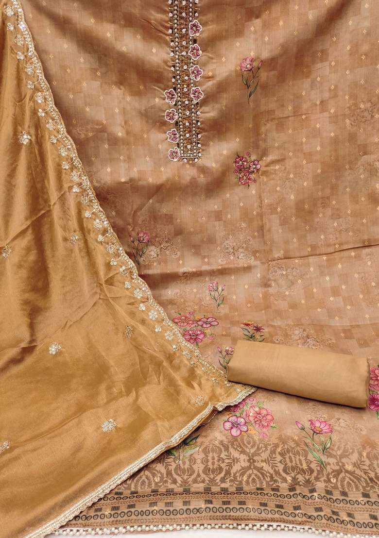 Beige Embroidered Blended Straight Kurta Set - Indya