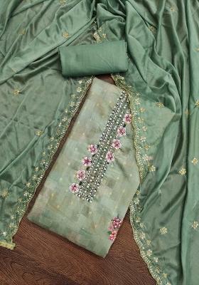 Sea Green Embroidered Cotton Blend Dress Material