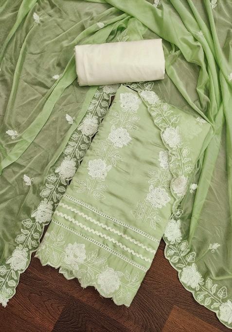 Green Chikankari Silk Straight Kurta Set — view on Indya