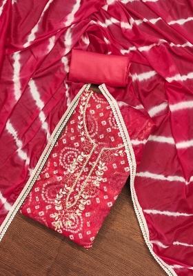 Red Embroidered Cotton Blend Dress Material