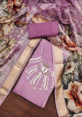 Purple Embroidered Silk Dress Material