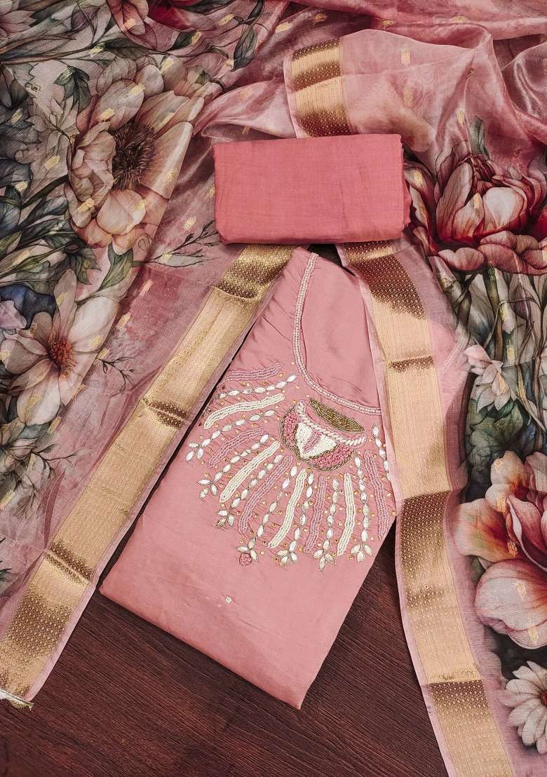 Peach Embroidered Silk Dress Material - Indya