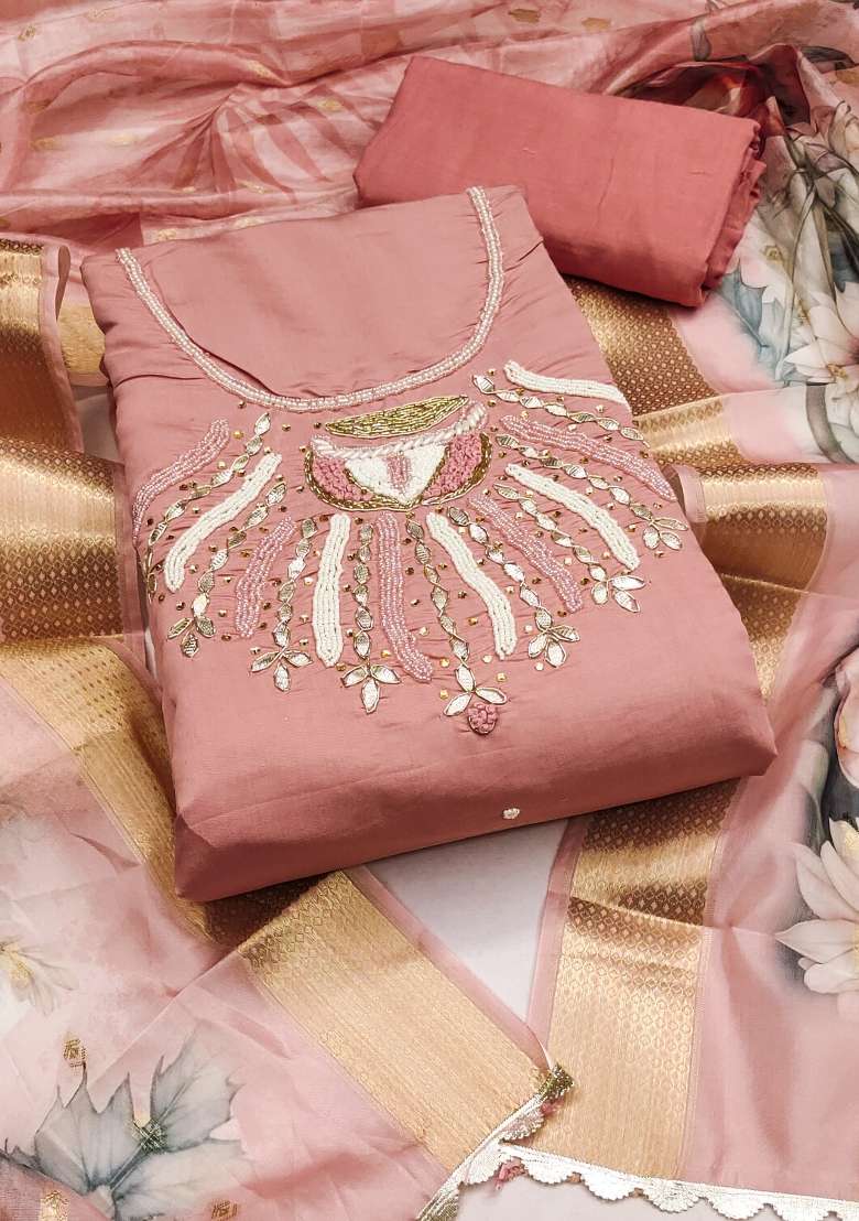 Peach Embroidered Silk Dress Material - Indya