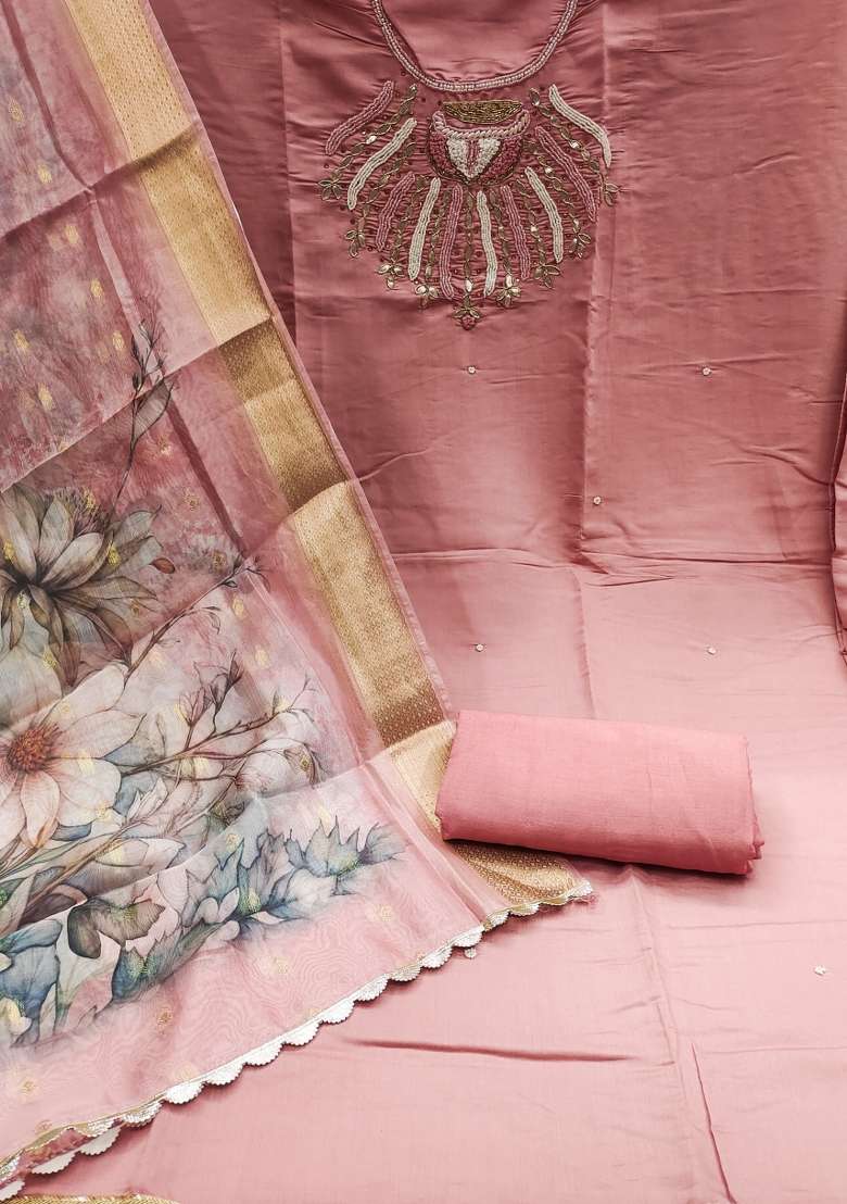 Peach Embroidered Silk Dress Material - Indya