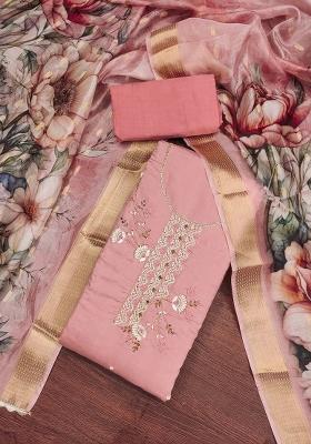 Peach Embroidered Silk Dress Material