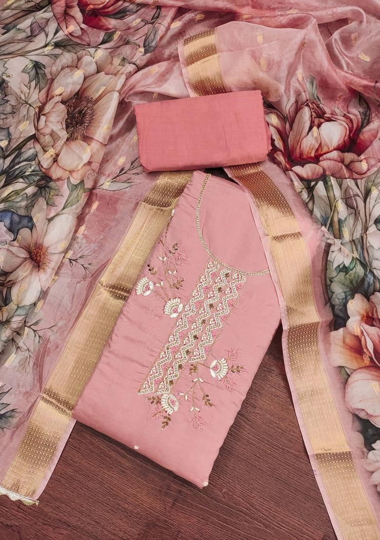 Peach Embroidered Silk Dress Material