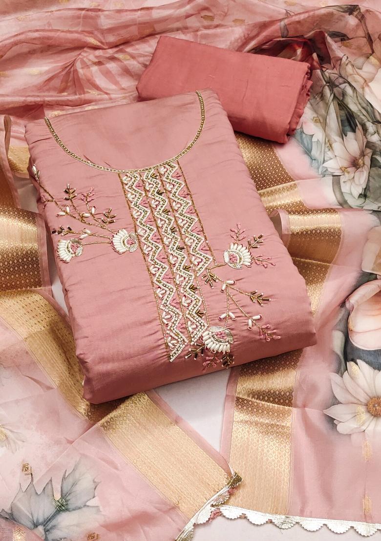 Peach Embroidered Silk Dress Material