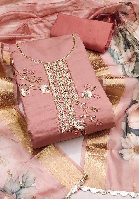Peach Embroidered Silk Dress Material