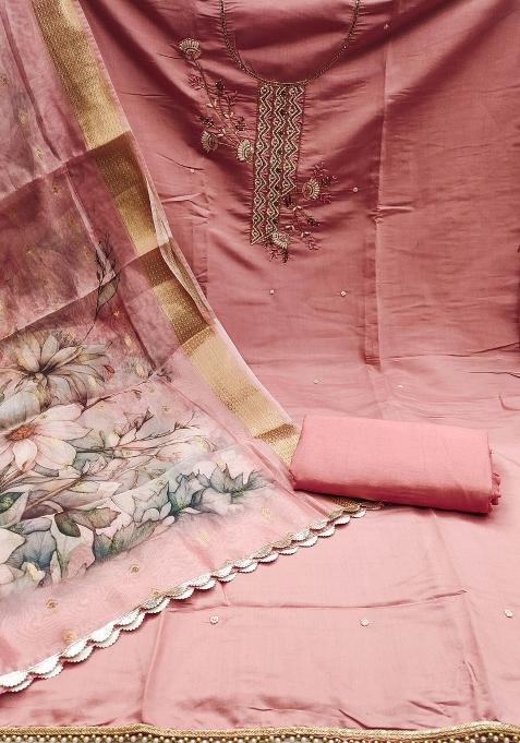 Peach Embroidered Silk Dress Material