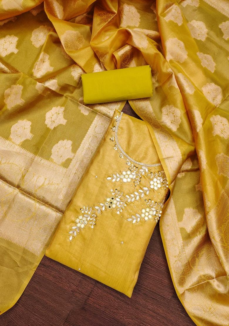 Yellow Embroidered Viscose Dress Material