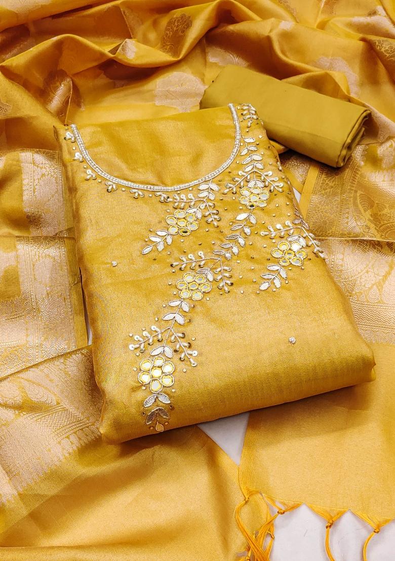 Yellow Embroidered Viscose Dress Material