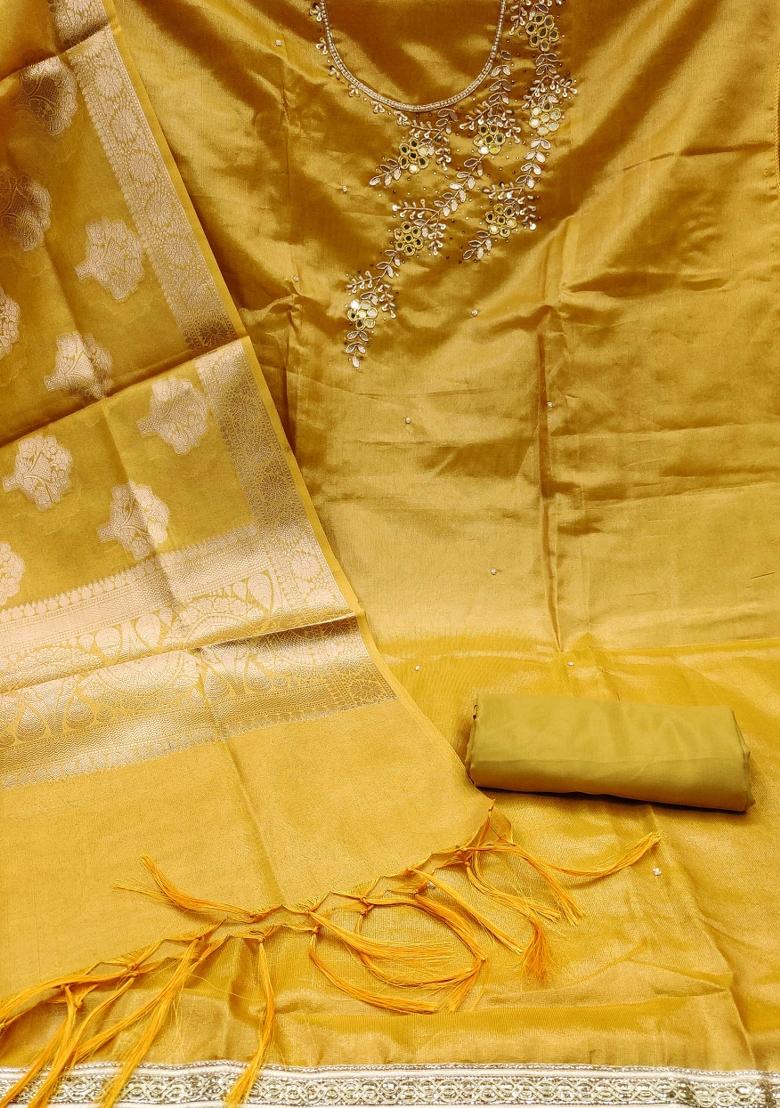 Yellow Embroidered Viscose Dress Material