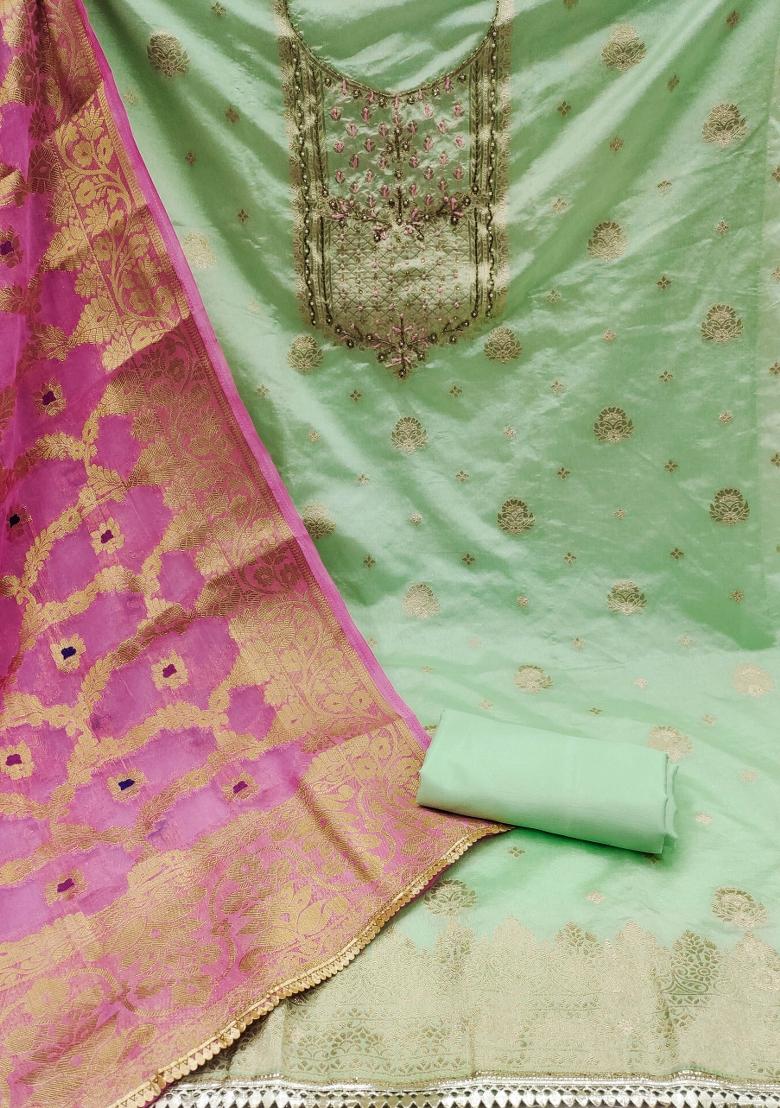 Green Embroidered Blended Dress Material