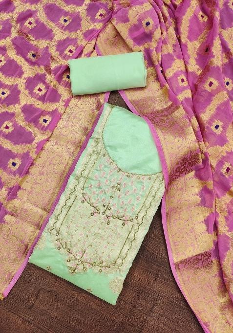 Green Embroidered Blended Dress Material