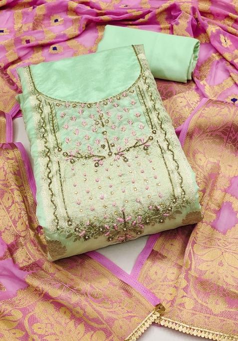 Green Embroidered Blended Dress Material