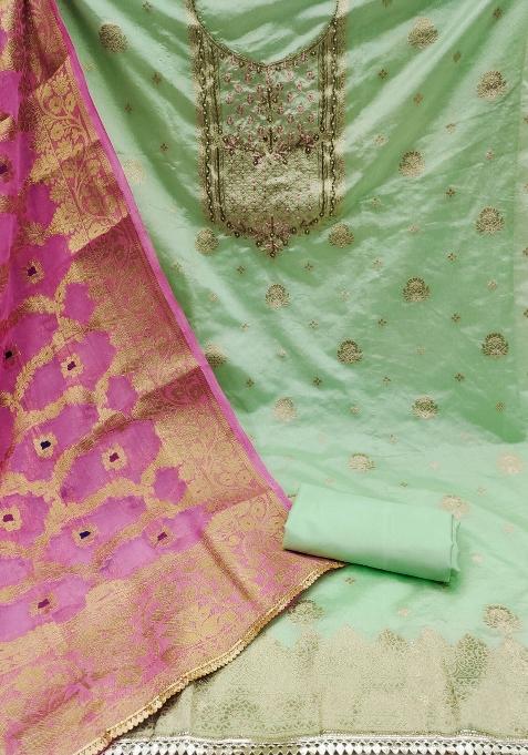 Green Embroidered Blended Dress Material