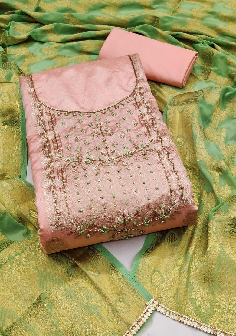 Peach Embroidered Blended Dress Material