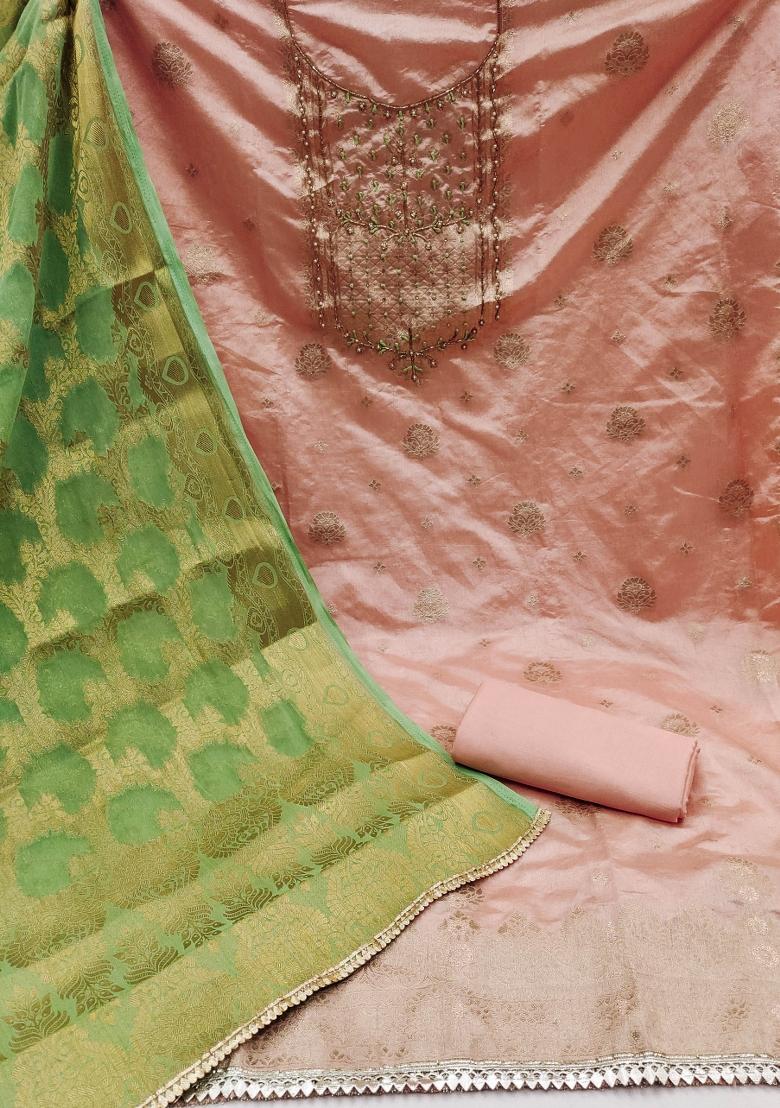 Peach Embroidered Blended Dress Material