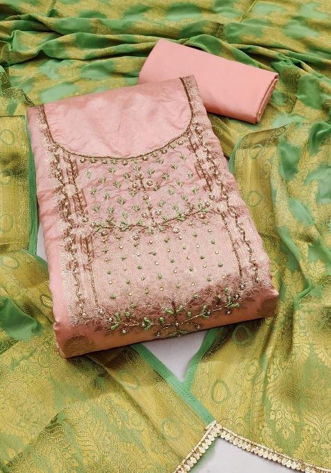 Peach Embroidered Blended Dress Material