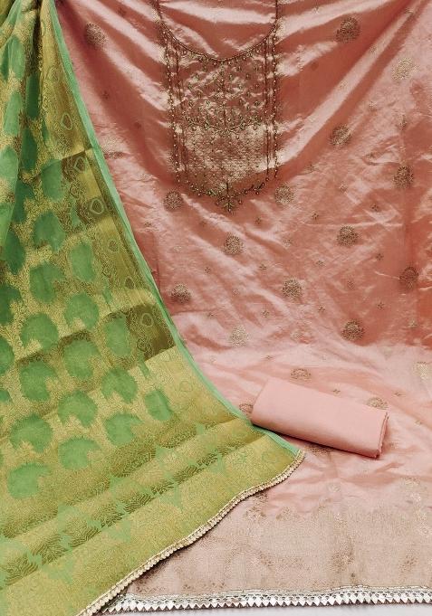 Peach Embroidered Blended Dress Material