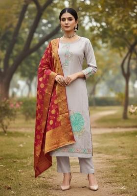 Purple Embroidered Silk Dress Material