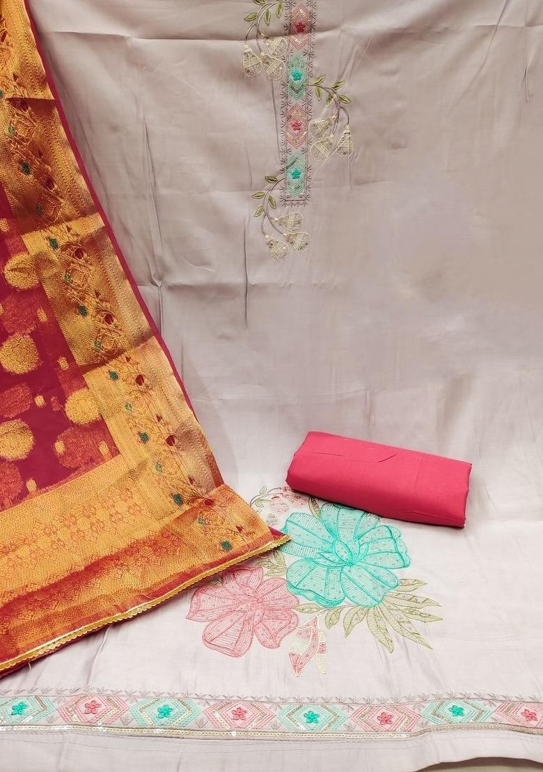 Purple Embroidered Silk Dress Material - Indya