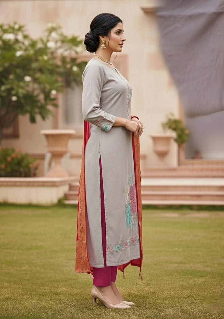 Lavender Embroidered Silk Dress Material - Indya