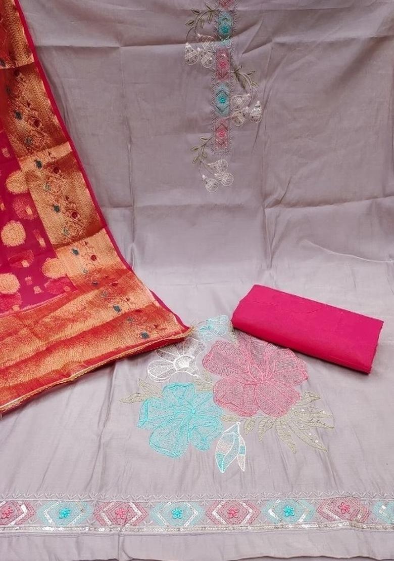 Lavender Embroidered Silk Dress Material - Indya