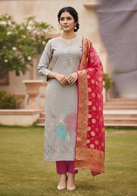 Lavender Embroidered Silk Dress Material