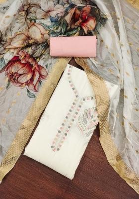 White Embroidered Silk Dress Material