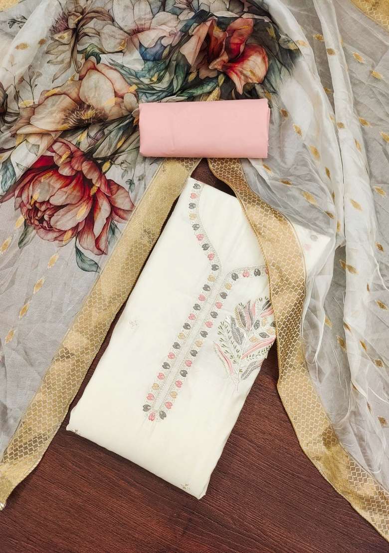 White Embroidered Silk Dress Material - Indya