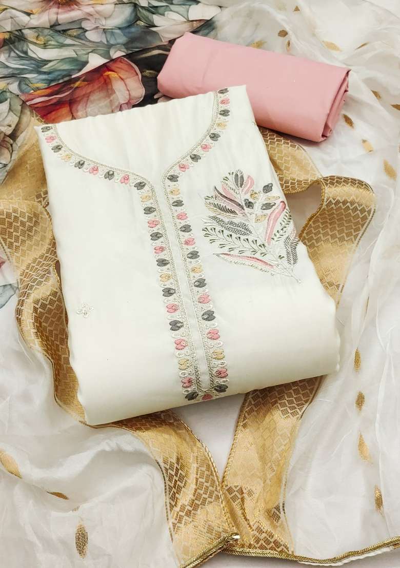 White Embroidered Silk Dress Material - Indya