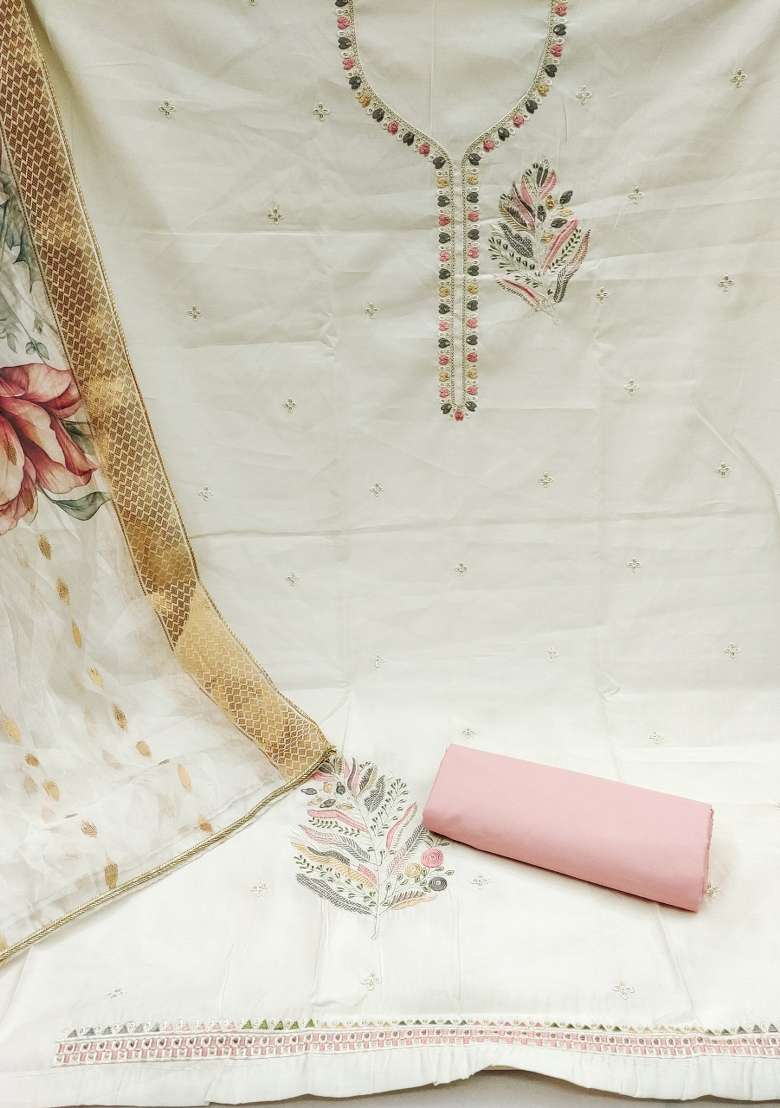 White Embroidered Silk Dress Material - Indya