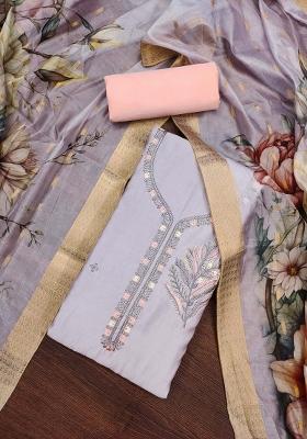 Grey Embroidered Silk Dress Material