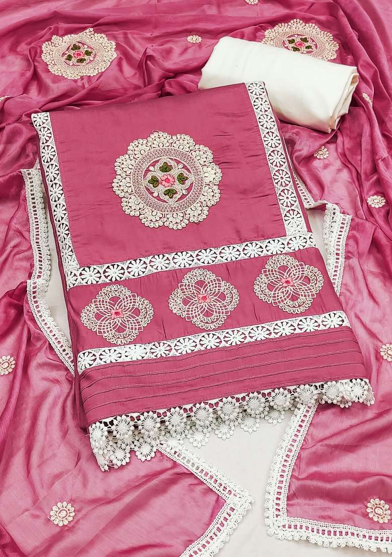 Pink Embroidered Silk Blend Straight Kurta Set - Indya